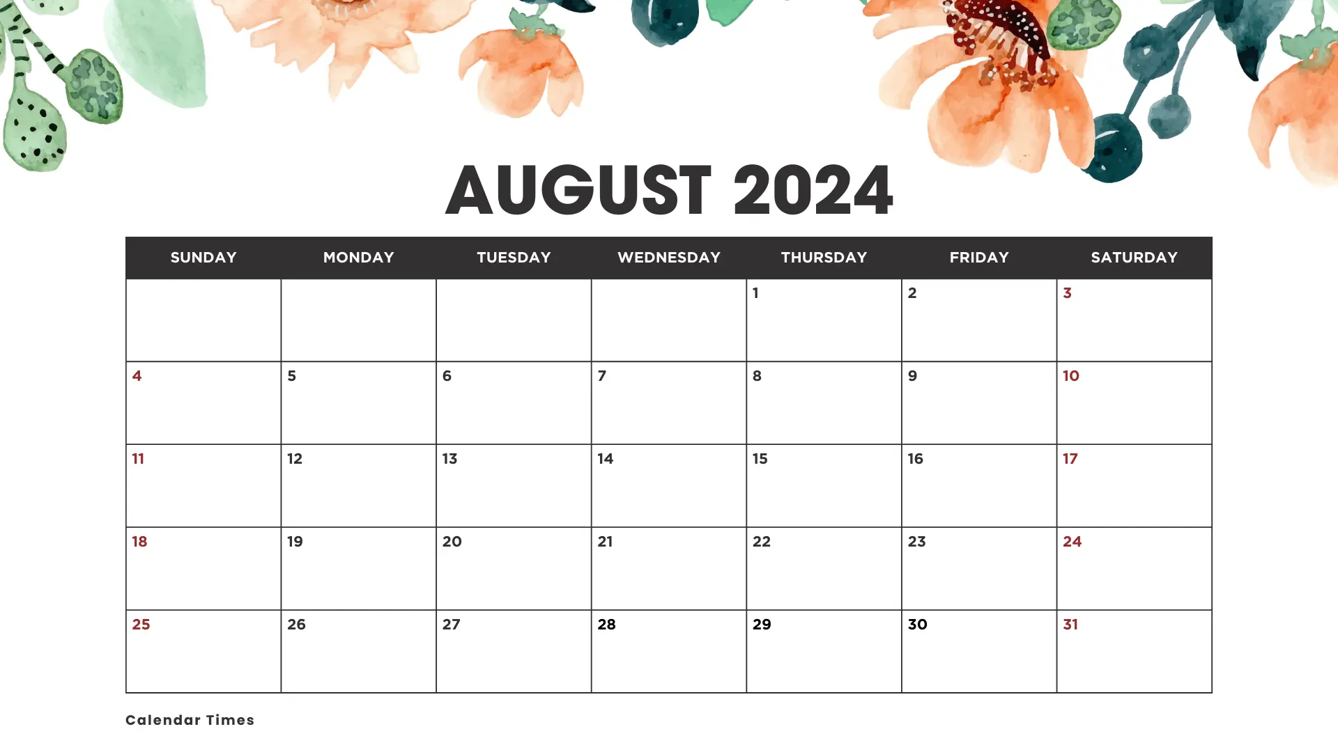 Floral August 2024 Calendar