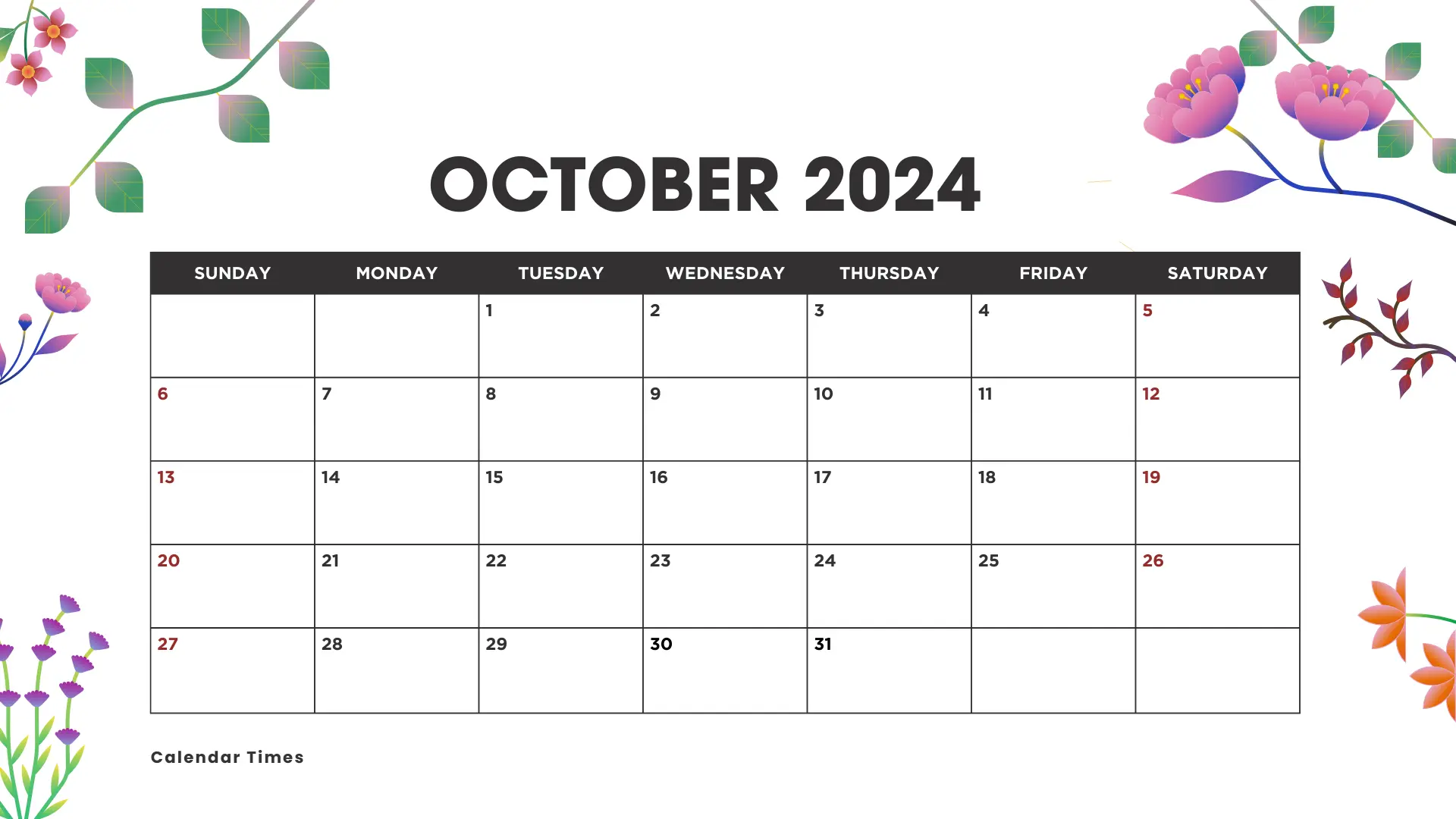 Floral October 2024 Calendar