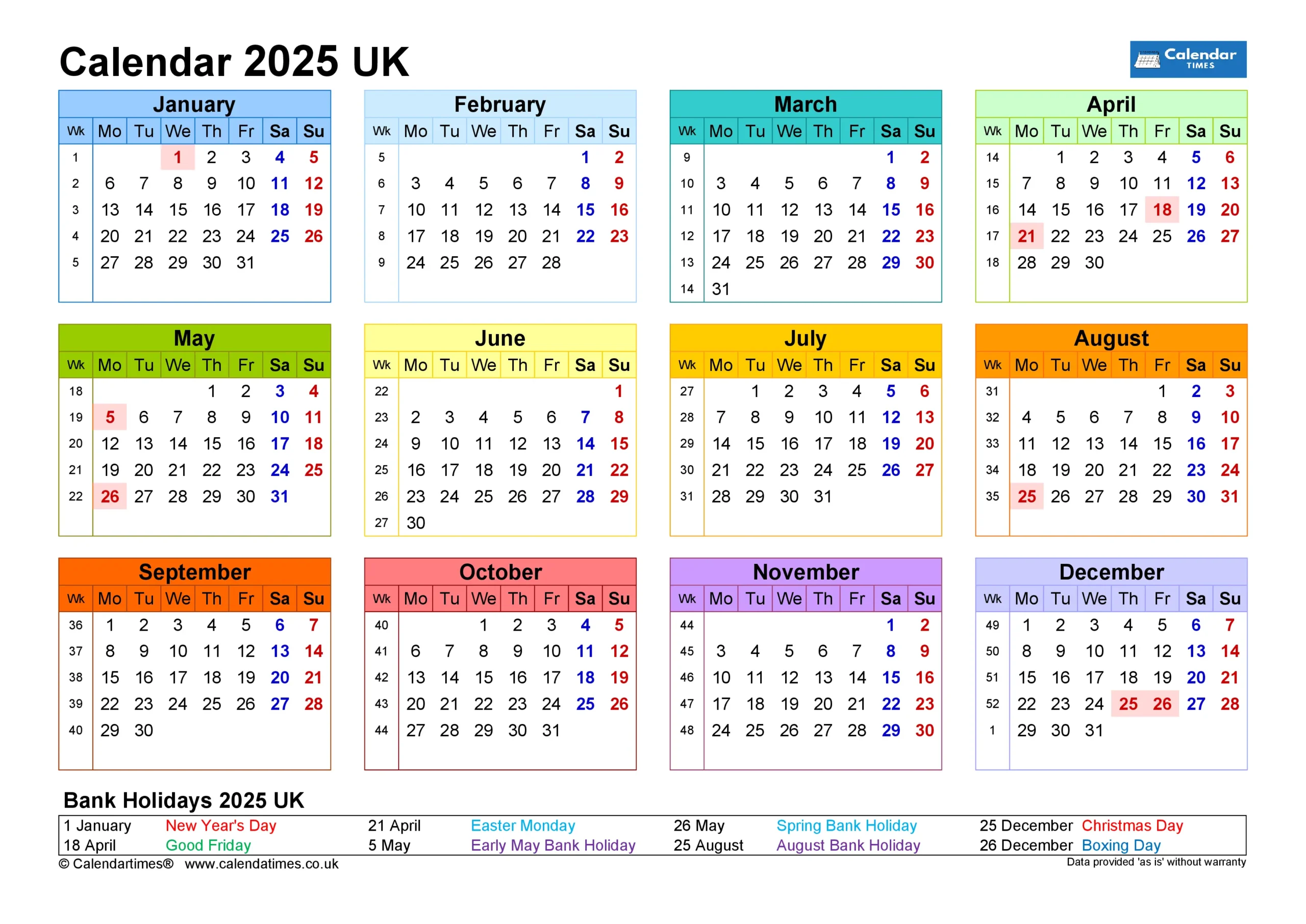 2025 Calendar UK with Bank Holidays