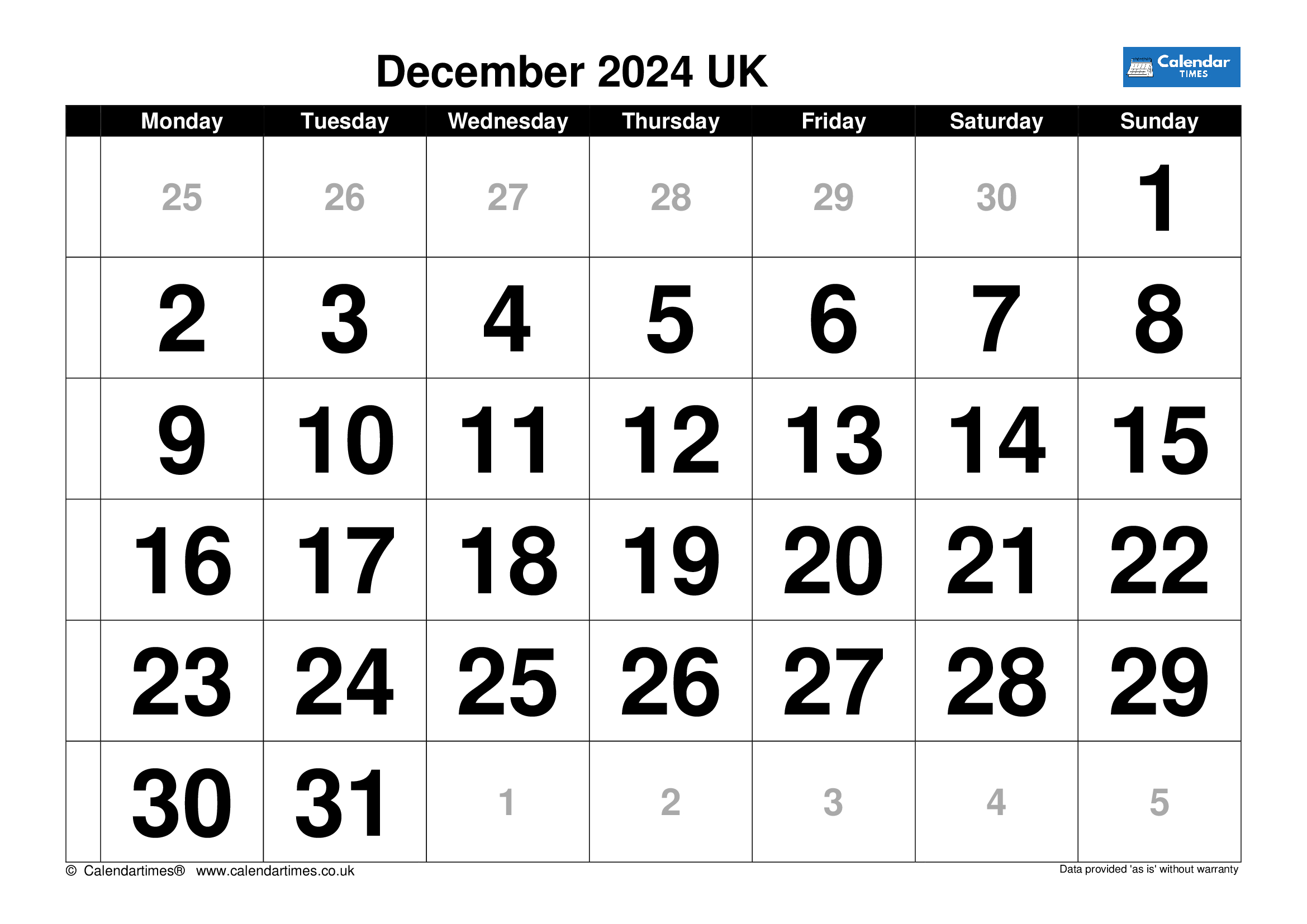 December 2024 Calendar Printable​ UK