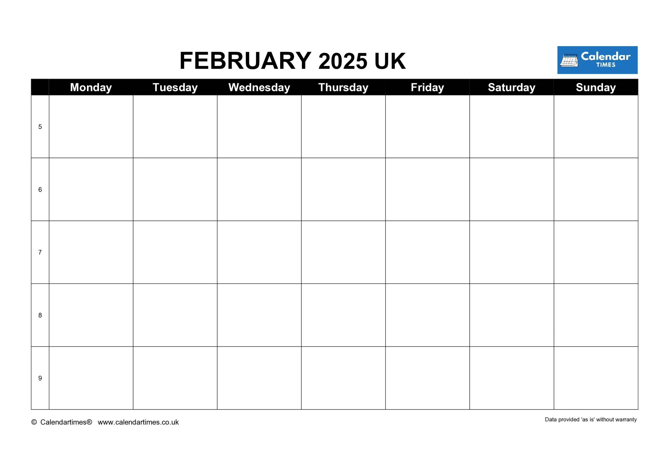 Blank February 2025 Calendar