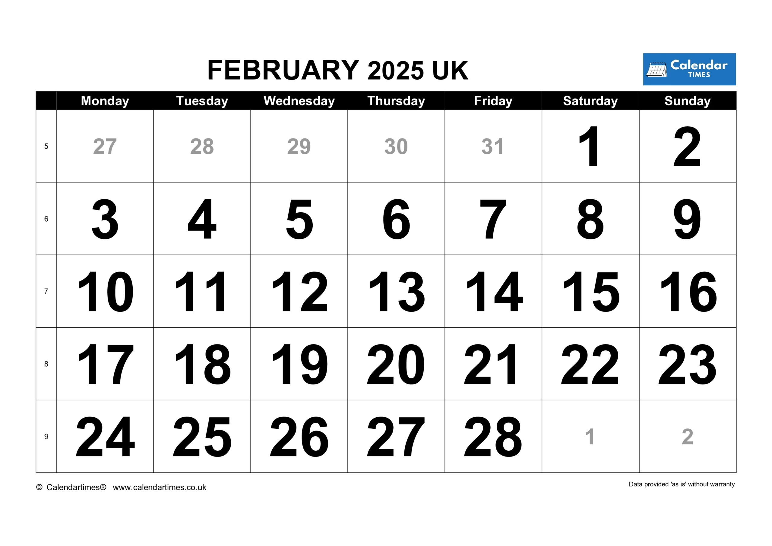 February Calendar 2025 Printable UK