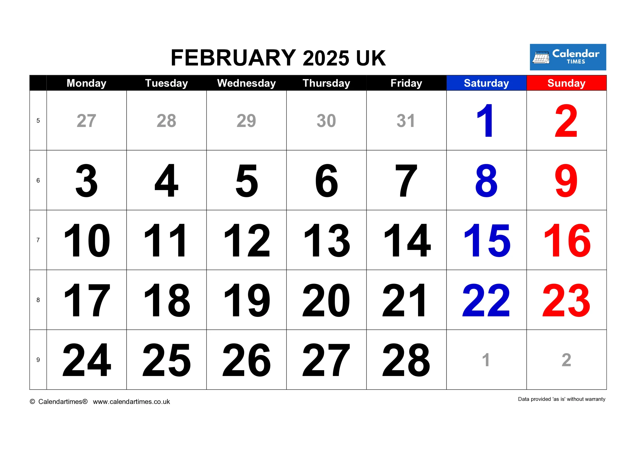 February 2025 Calendar with UK Holidays