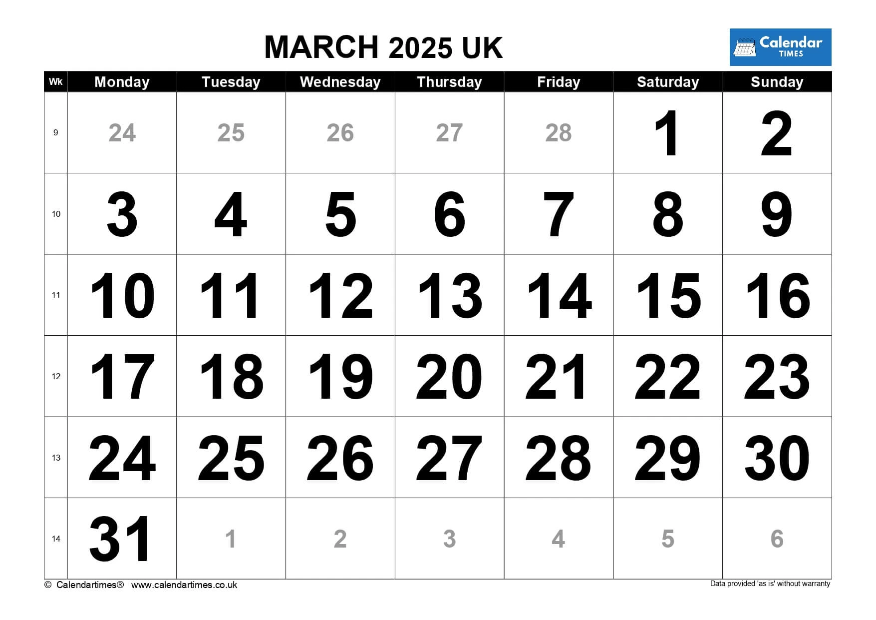 March 2025 Calendar With UK Holidays (PDF Free Templates)