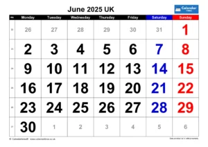 June 2025 Calendar Printable UK