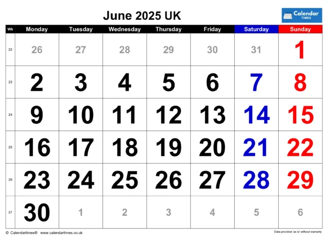 June 2025 Calendar Printable UK