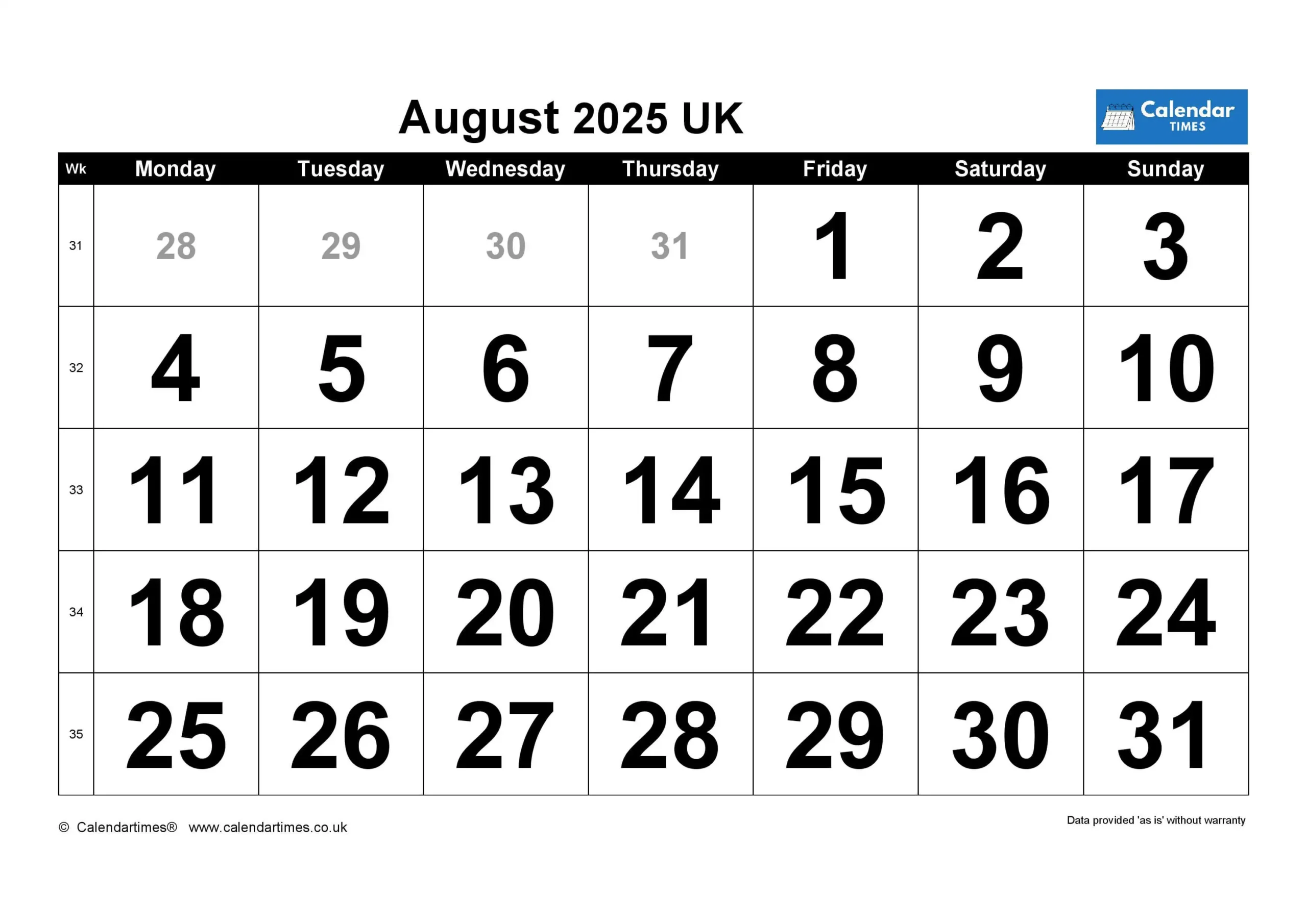 August Calendar 2025 Printable