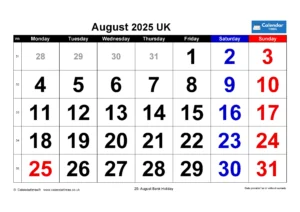 August 2025 Calendar Printable UK