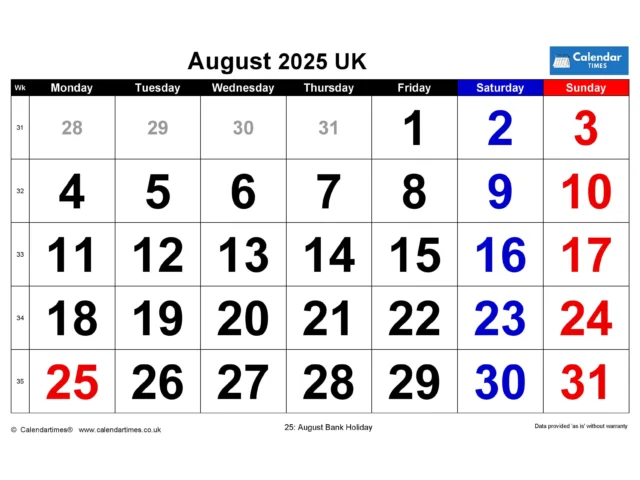 August 2025 Calendar Printable UK