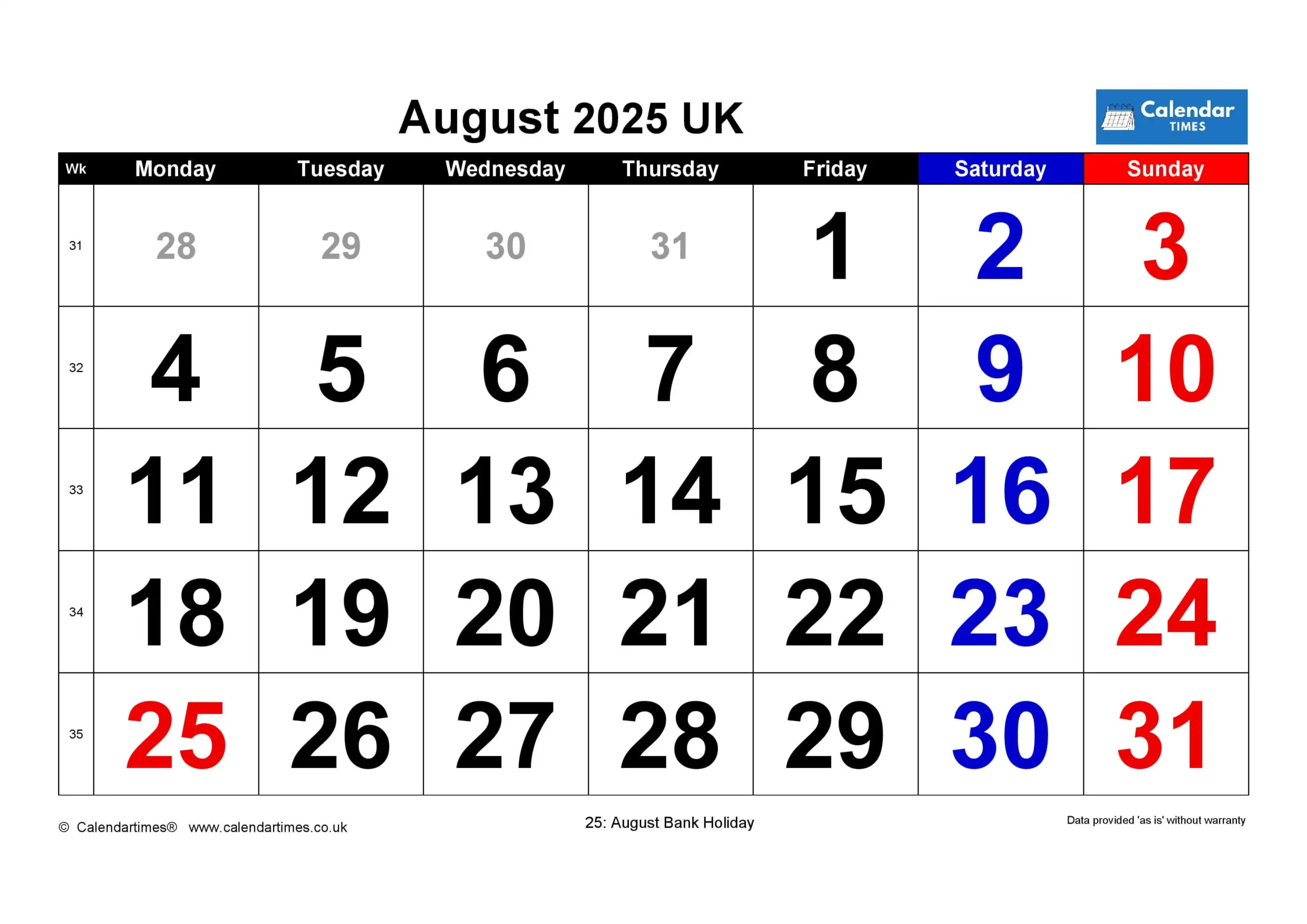 August Calendar 2025 with Holidays