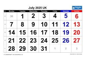 July 2025 Calendar Printable UK