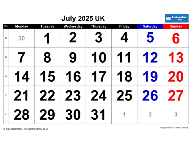 July 2025 Calendar Printable UK