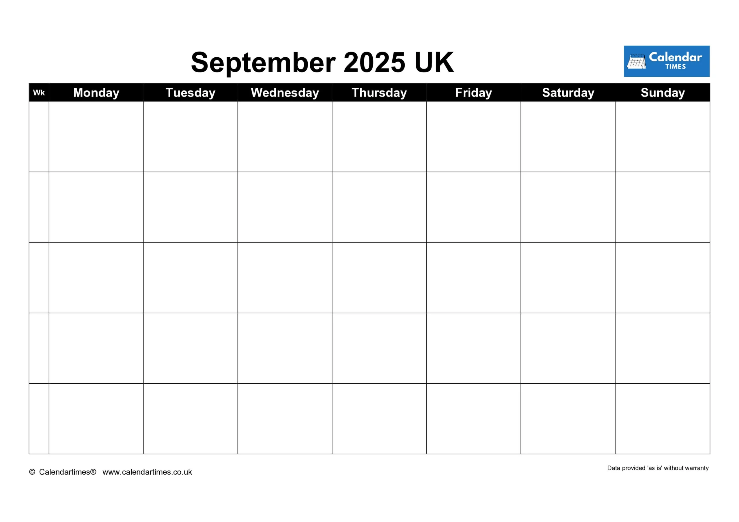 Blank September 2025 Calendar UK