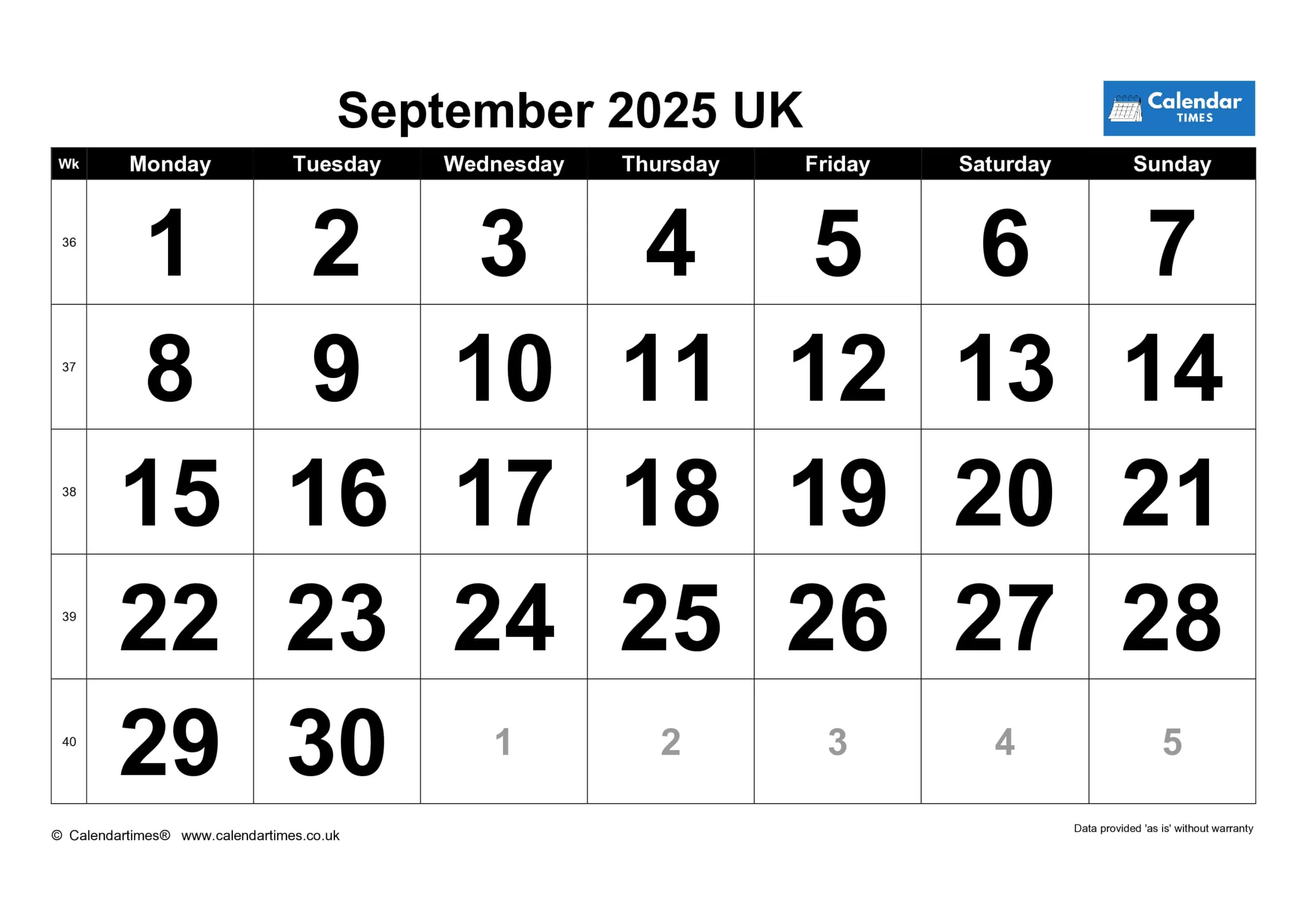September Calendar 2025 Printable
