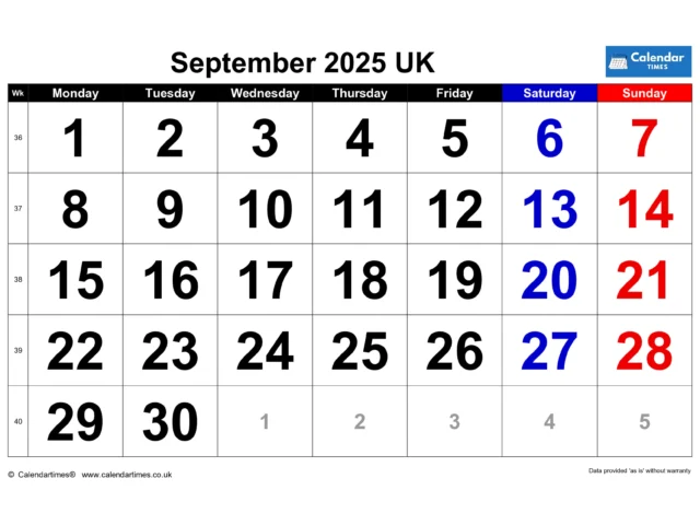 September 2025 Calendar Printable UK