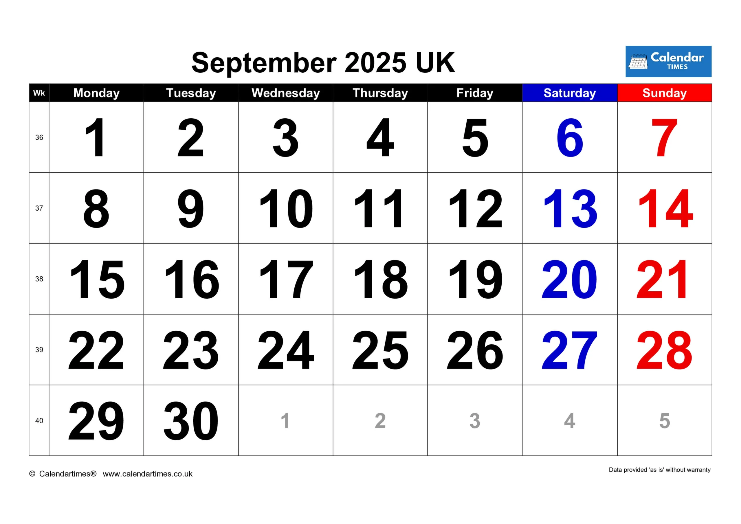 September 2025 Calendar with UK Holidays