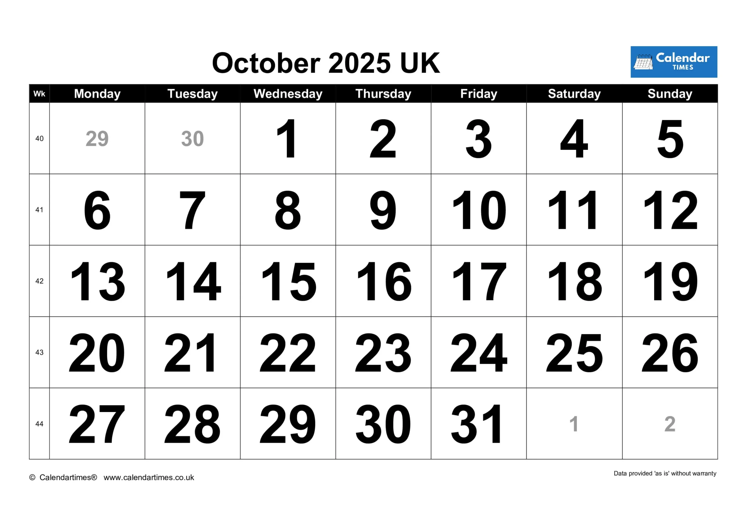 October 2025 Calendar Printable UK 2 Free Printable October 2025 Calendar UK