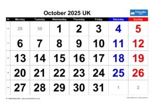 October 2025 Calendar Printable UK