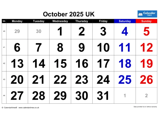 October 2025 Calendar Printable UK