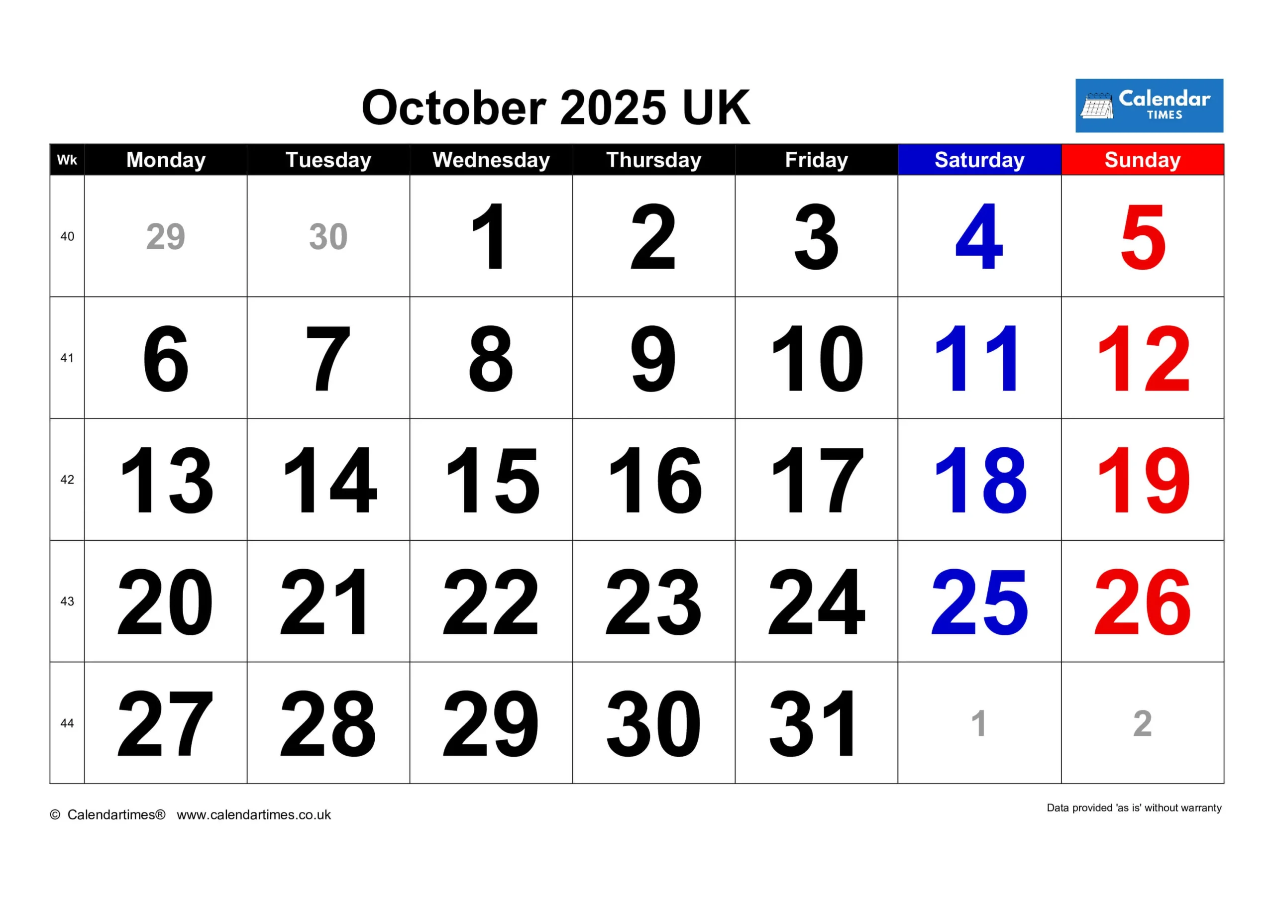 October 2025 Calendar Printable UK 3 October 2025 Calendar with UK Holidays