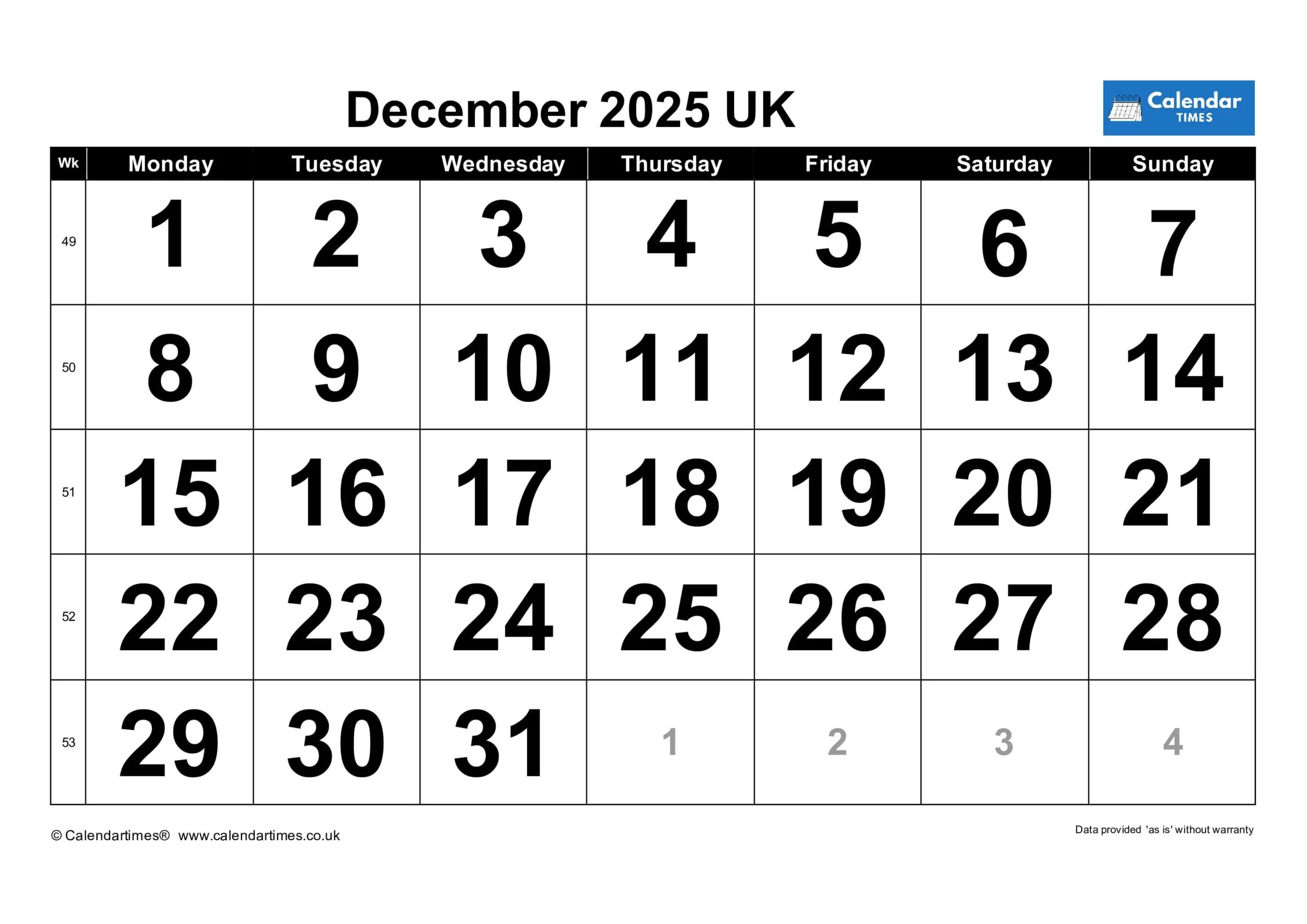 December 2025 Calendar Printable UK 1 Free Printable December 2025 Calendar UK