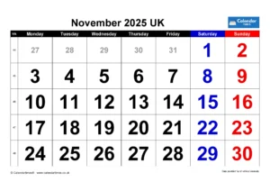 November 2025 Calendar Printable UK