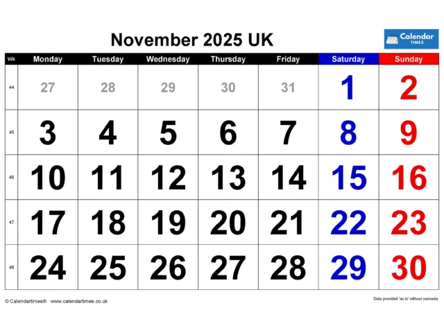November 2025 Calendar Printable UK