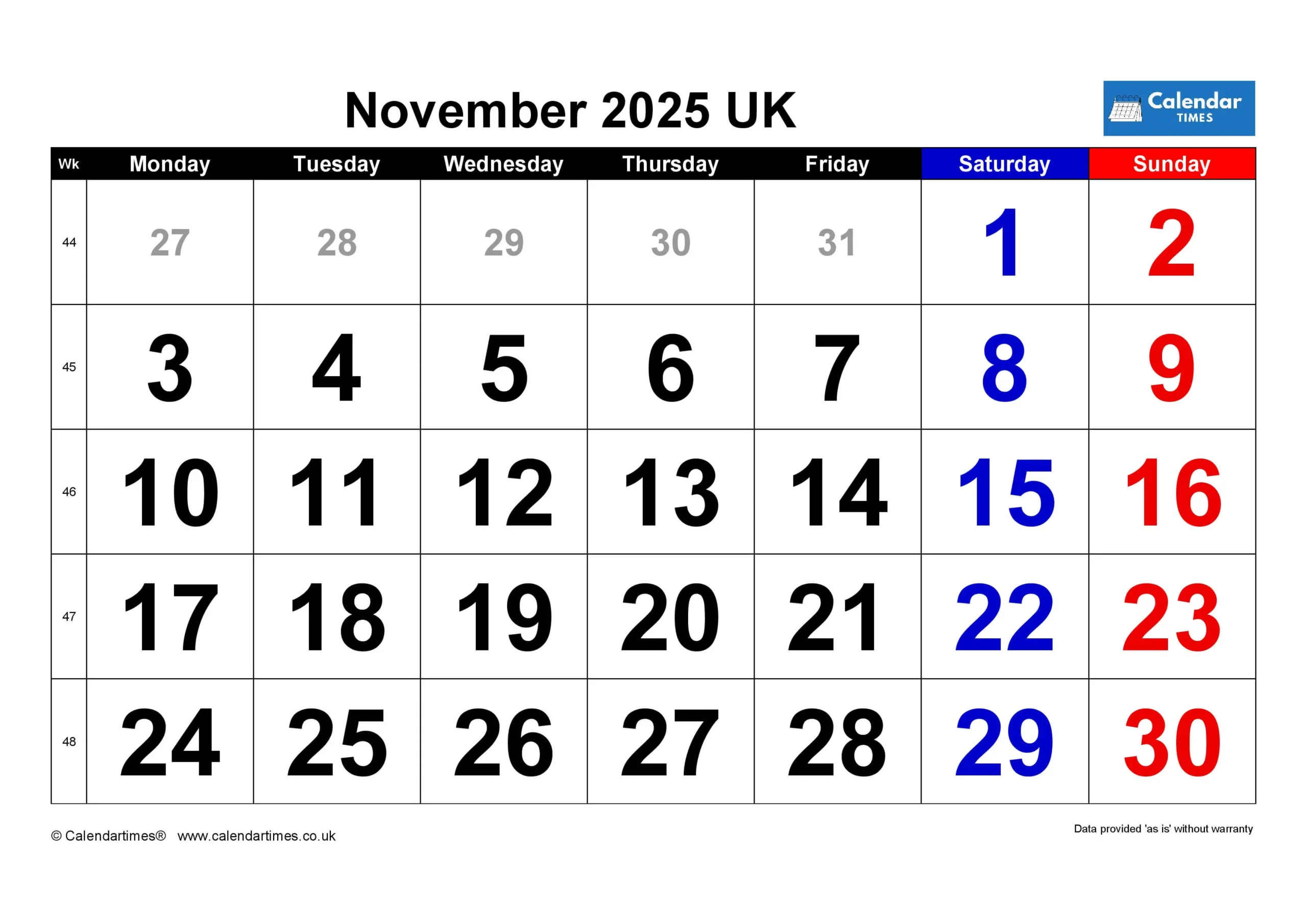November 2025 Calendar Printable UK 3 November 2025 Calendar with UK Holidays