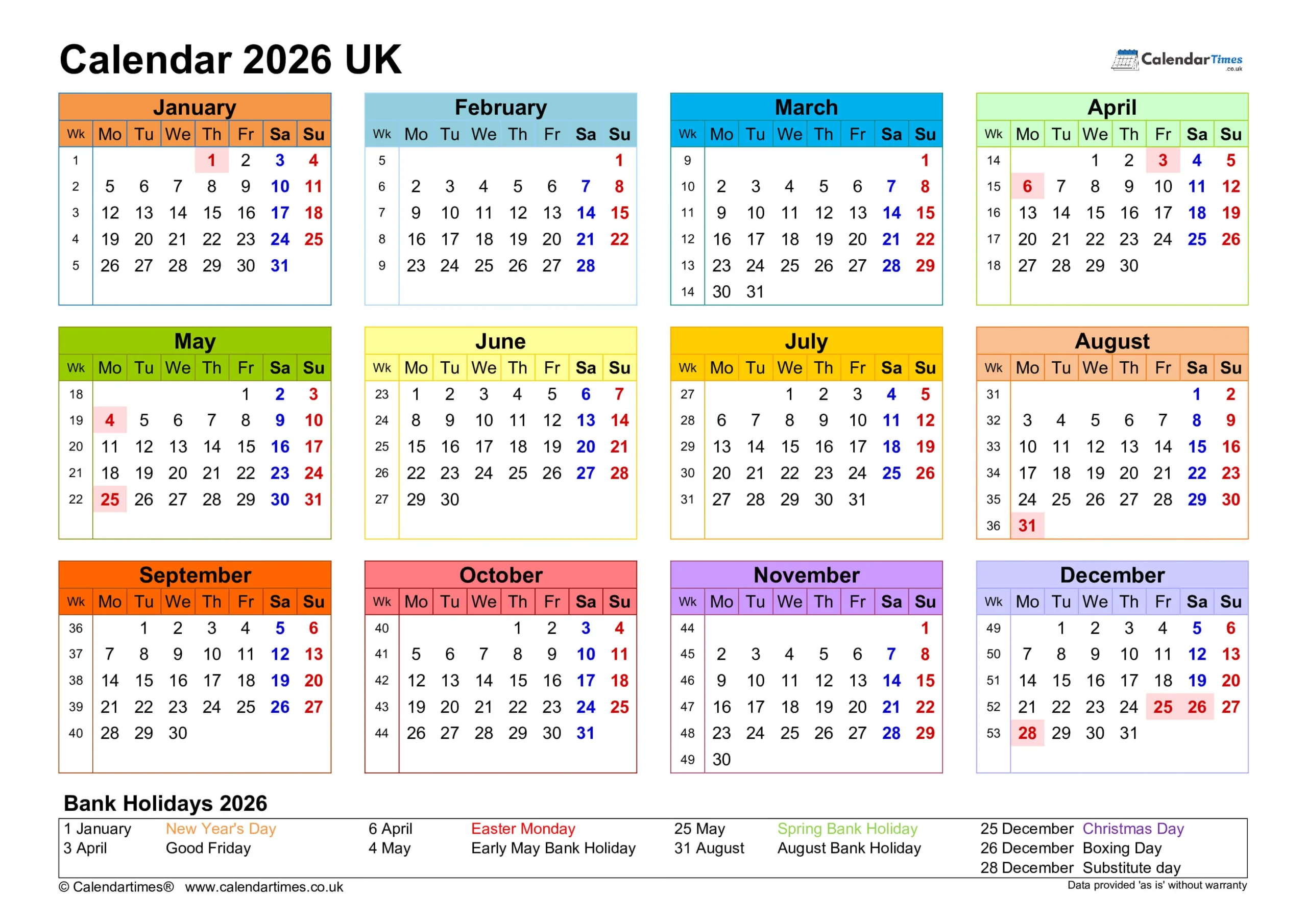 2026 Calendar UK with Bank Holidays