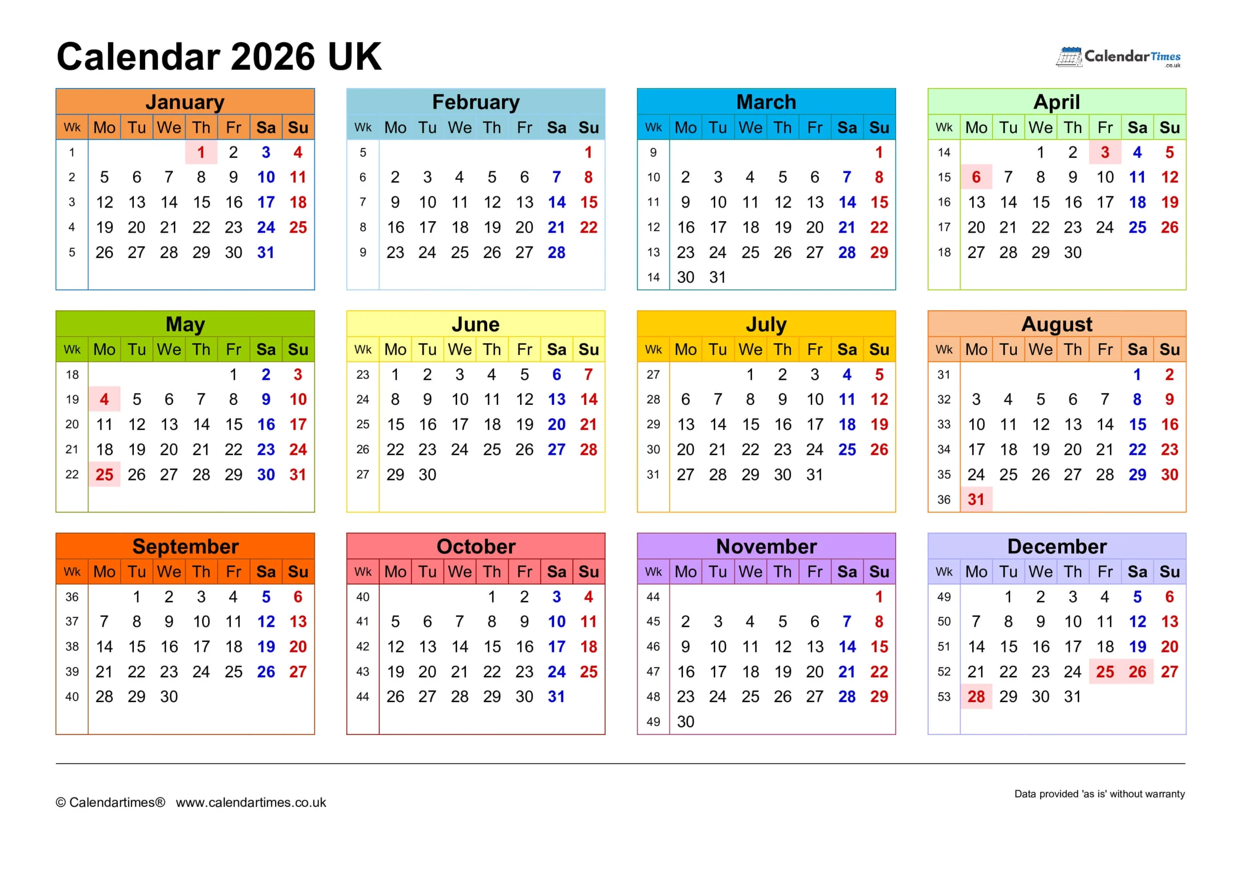 2026 UK Calendar Printable Templates