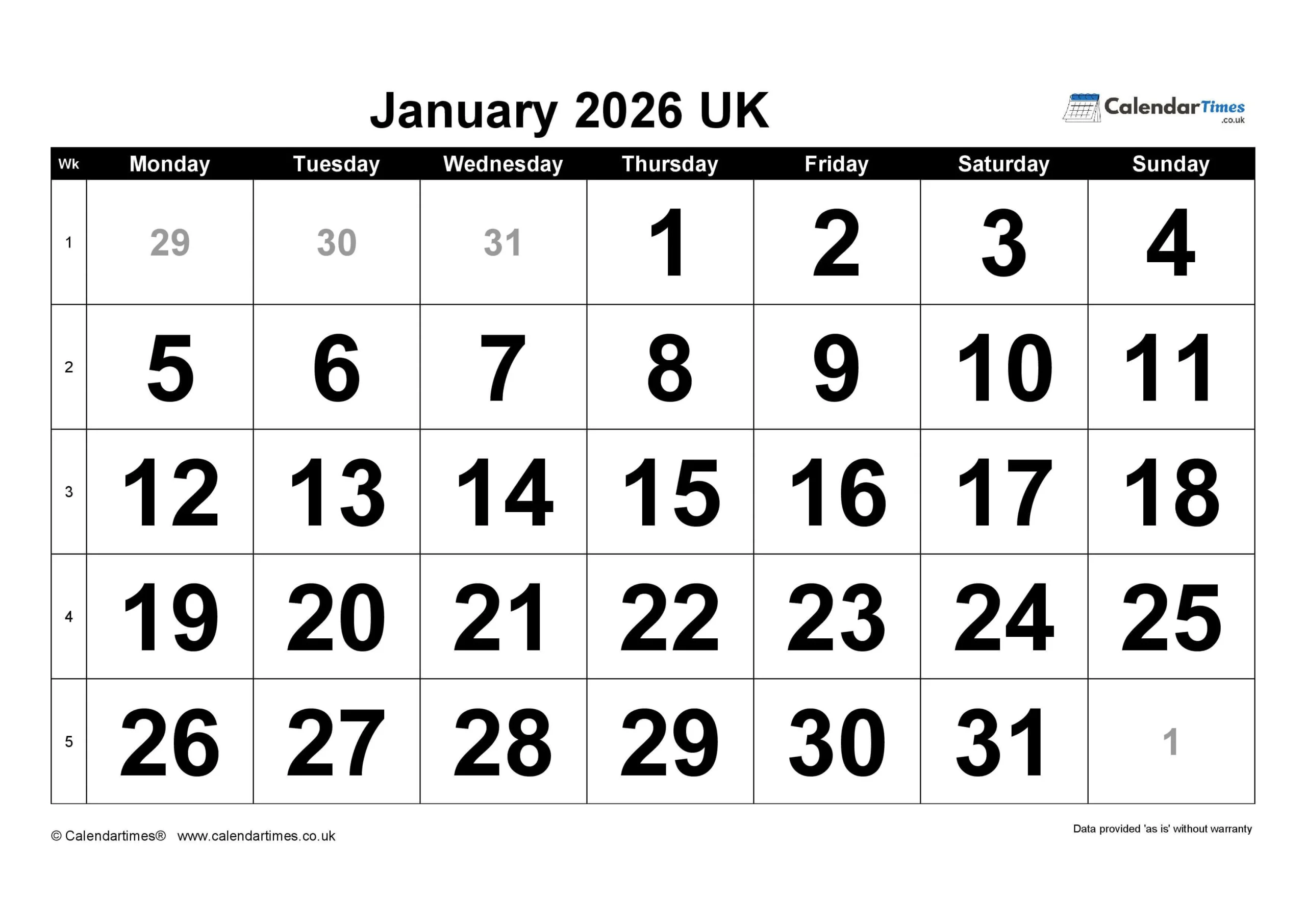 January 2026 Calendar Printable