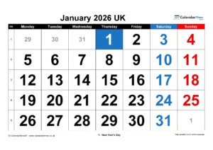 January 2026 Calendar Printable UK