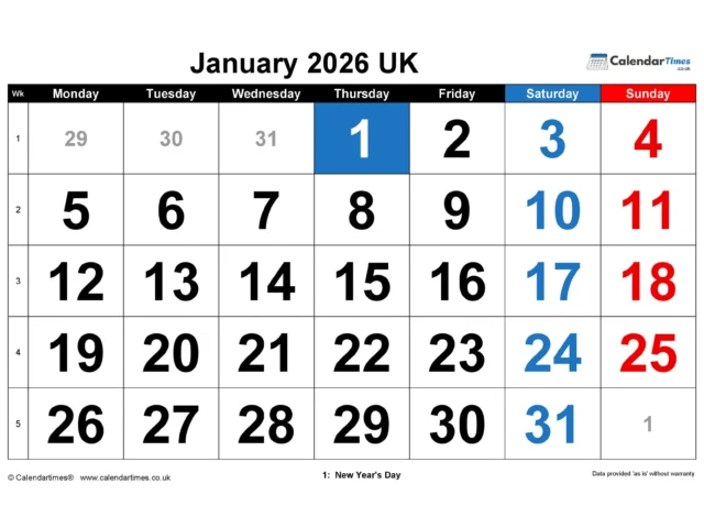 January 2026 Calendar Printable UK