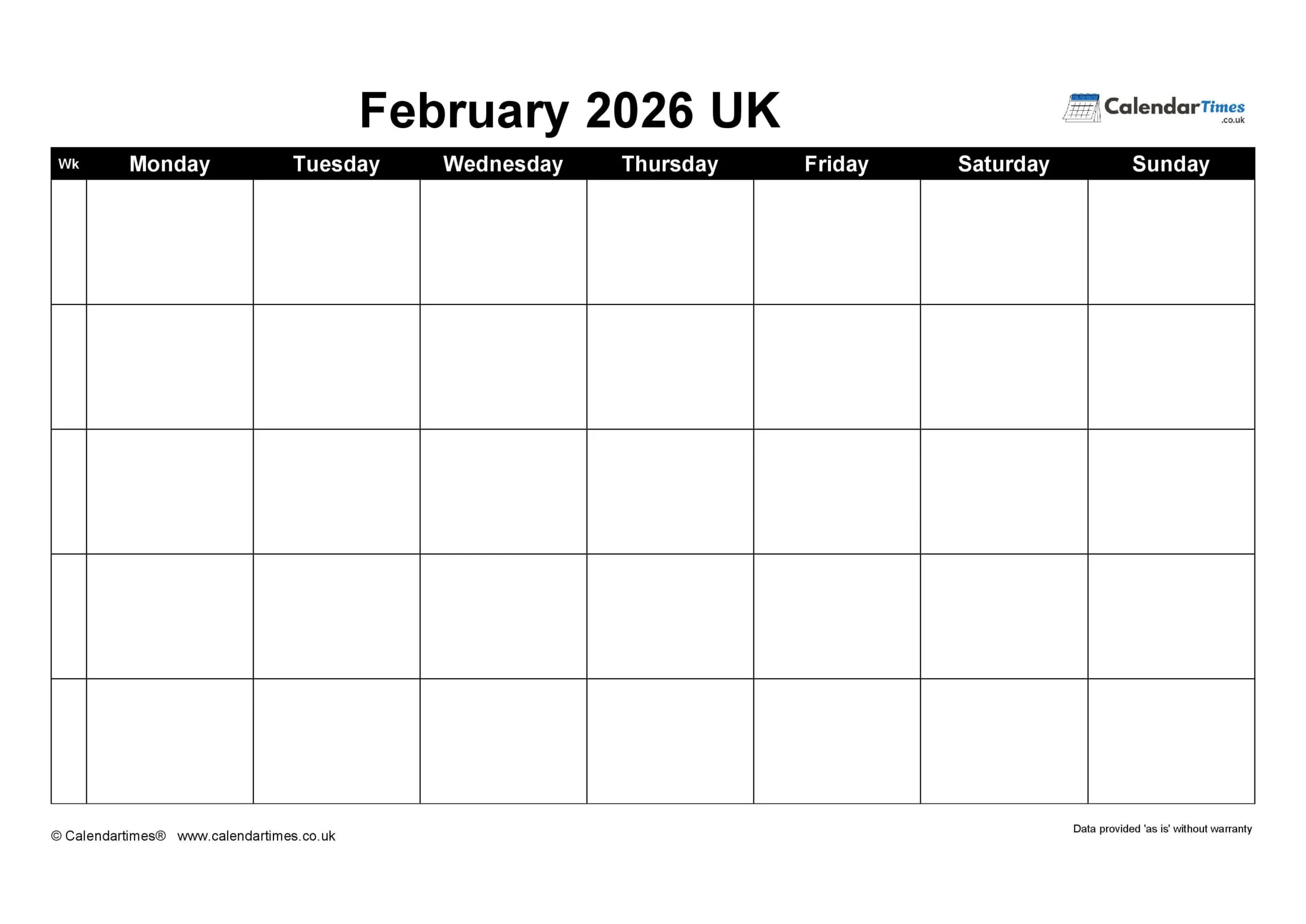 February 2026 Calendar Printable UK February 2026 Blank Calendar Free PDF