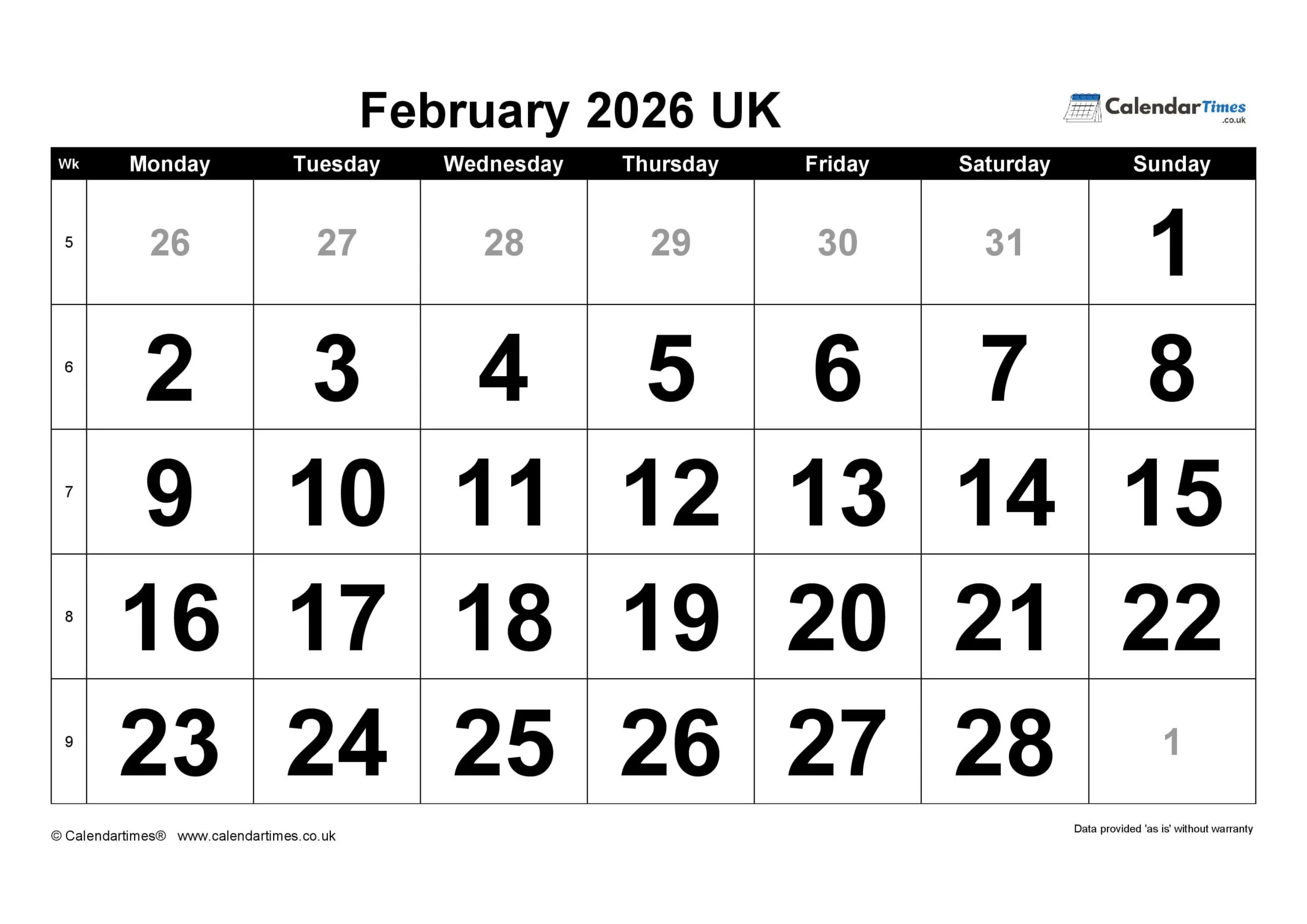 February 2026 Calendar Printable UK February Calendar 2026 Printable