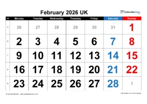 February 2026 Calendar Printable UK