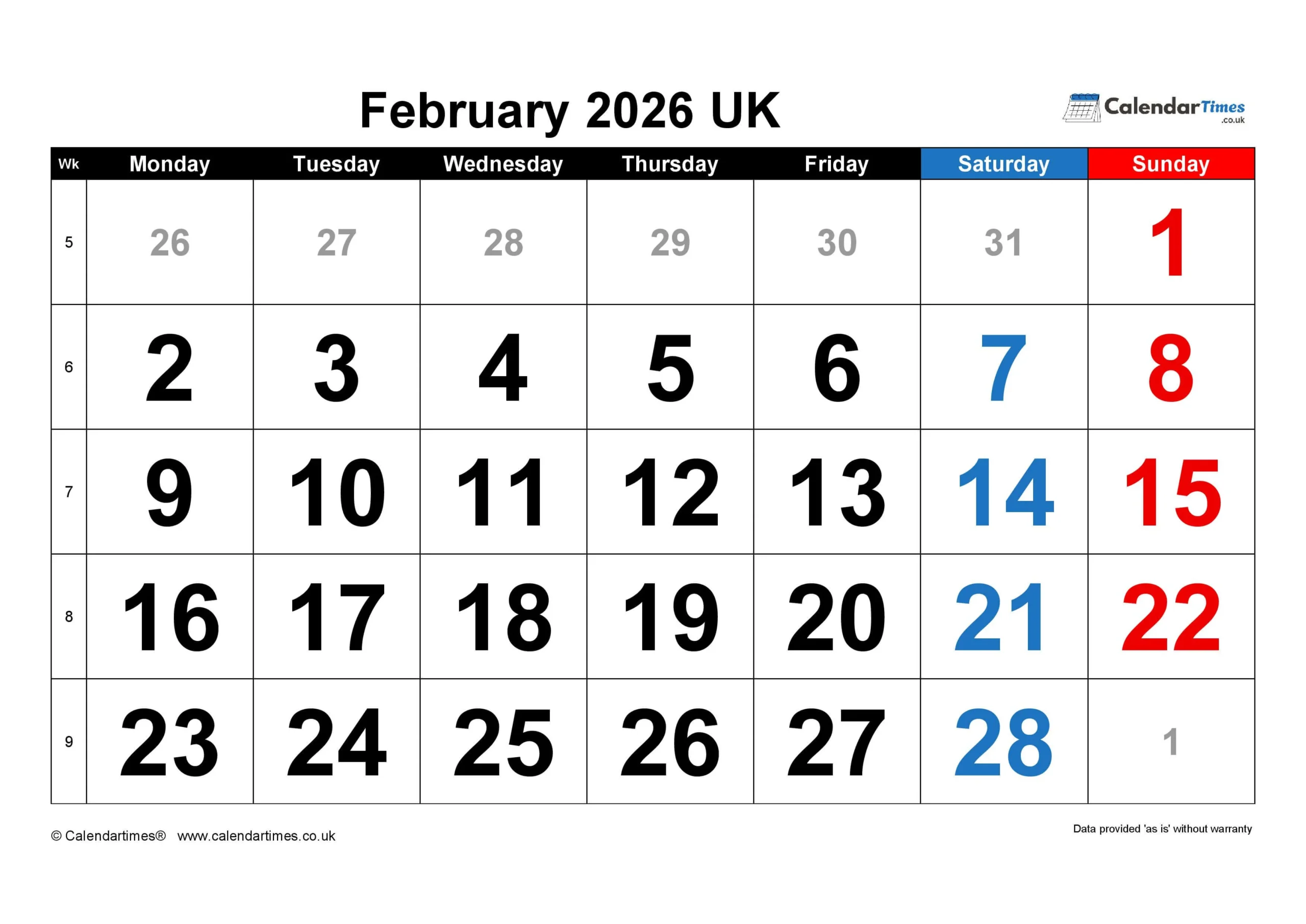 February Calendar 2026 with Holidays
