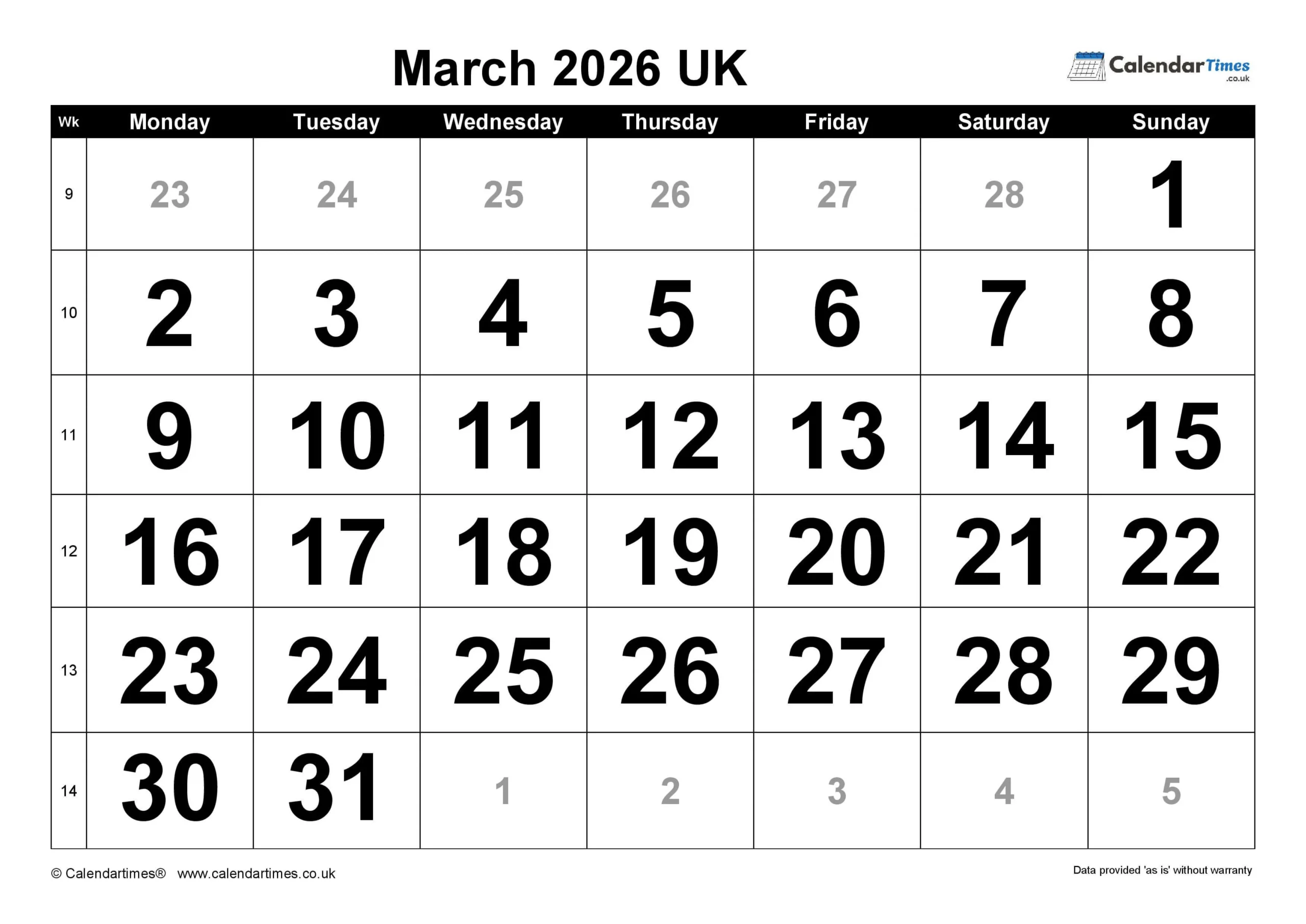 March Calendar 2026 Printable