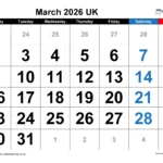 March 2026 Calendar Printable UK