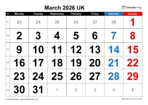 March 2026 Calendar Printable UK