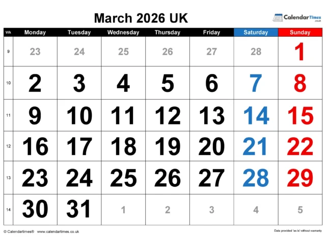 March 2026 Calendar Printable UK
