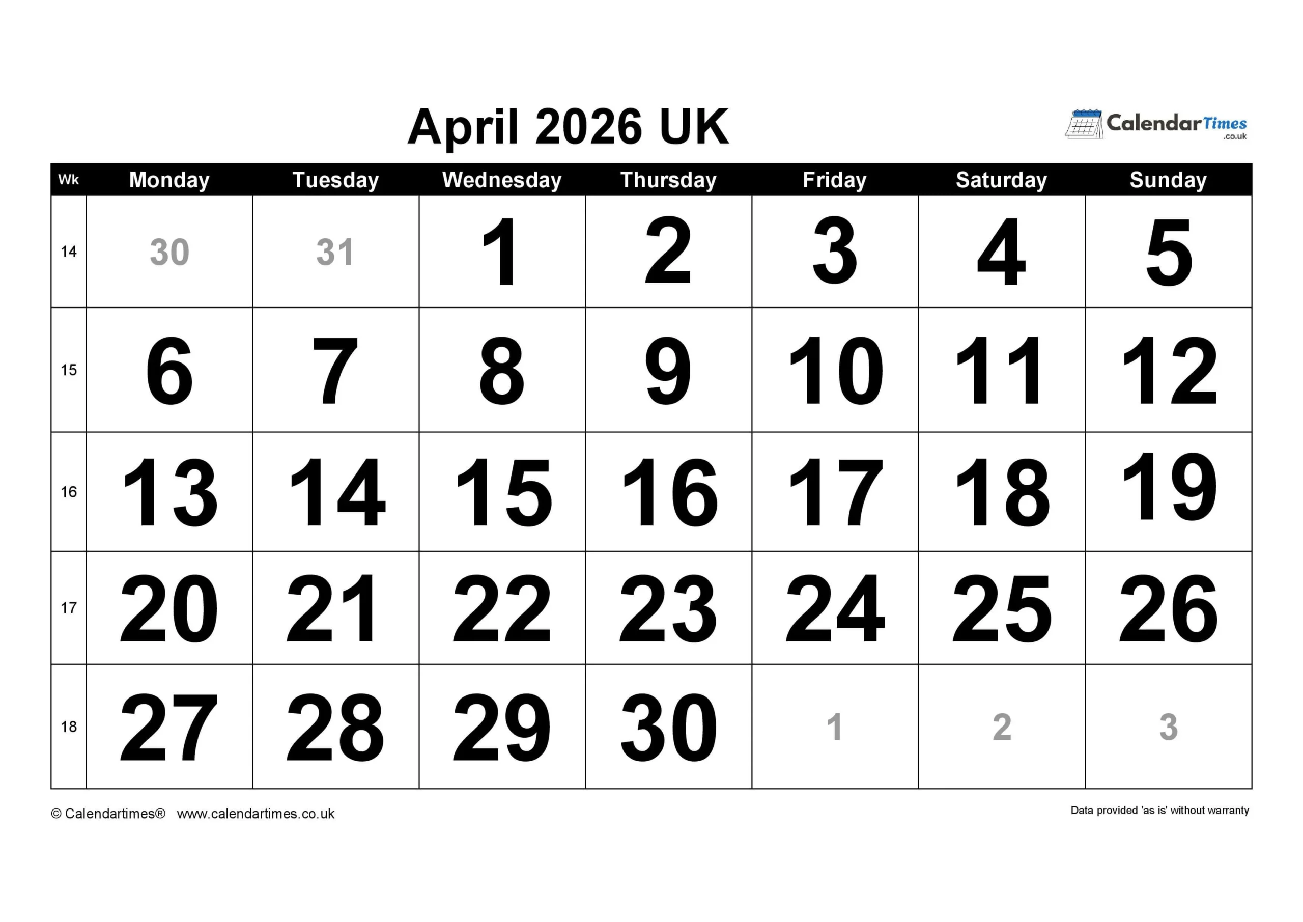 April Calendar 2026 Printable