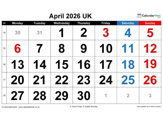 April 2026 Calendar Printable UK