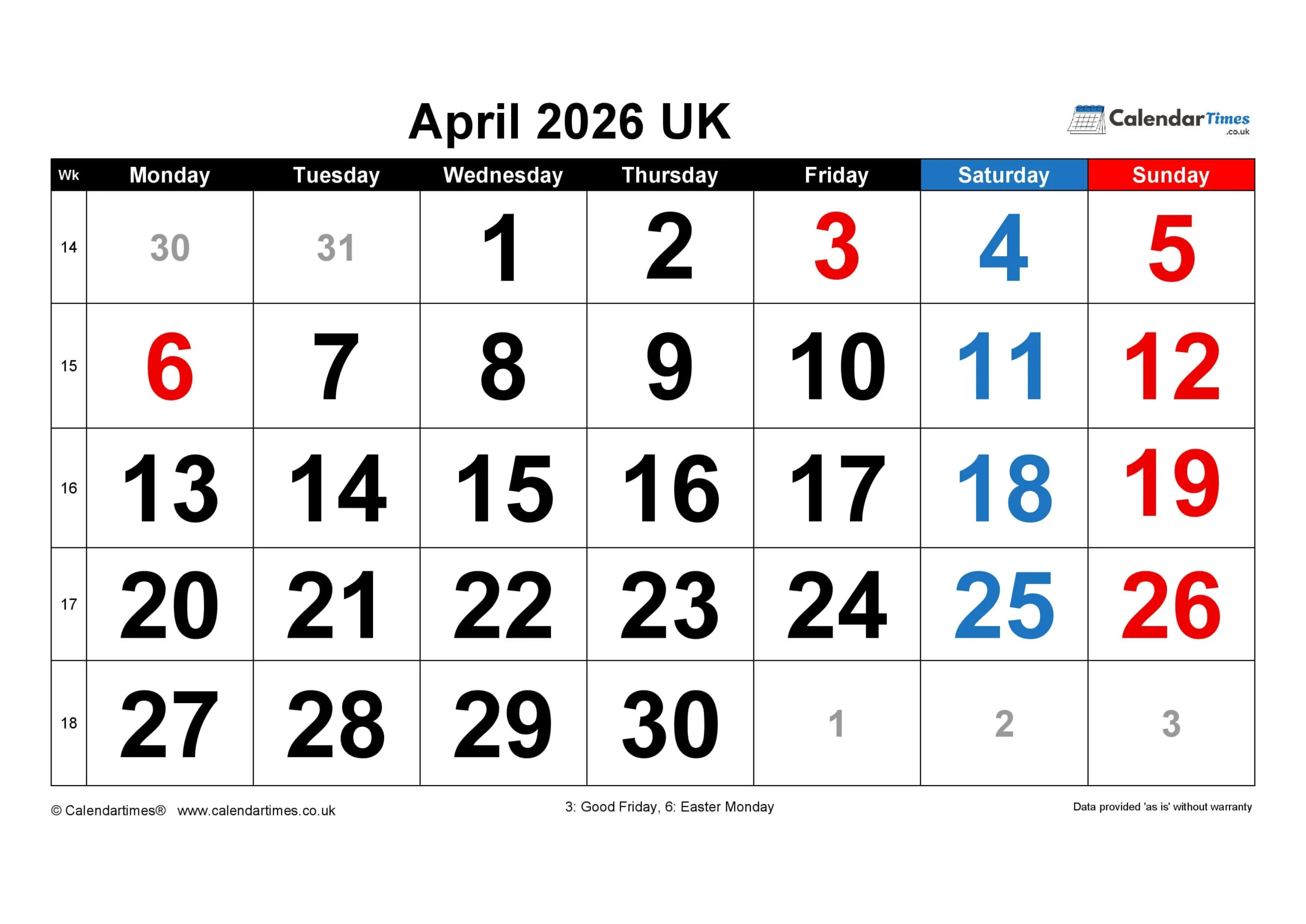 April Calendar 2026 with Bank Holidays