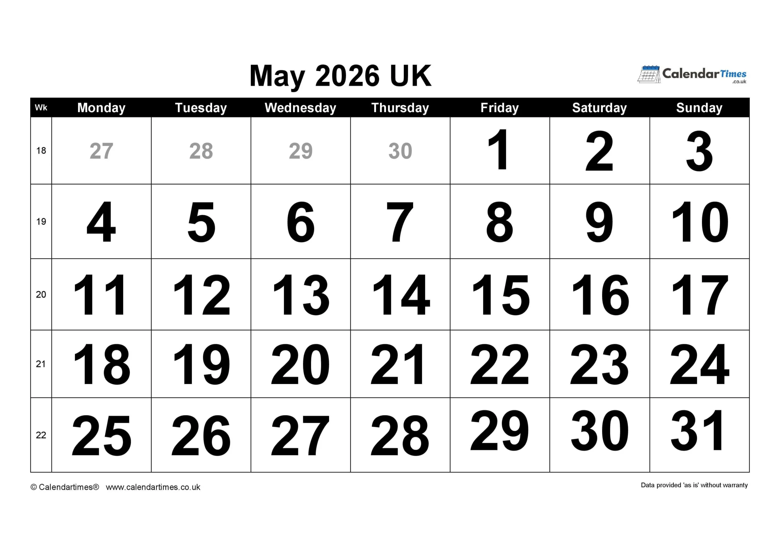May Calendar 2026 Printable
