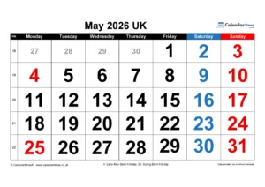 May 2026 Calendar Printable UK