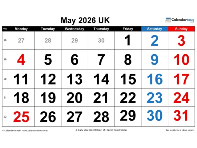 May 2026 Calendar Printable UK
