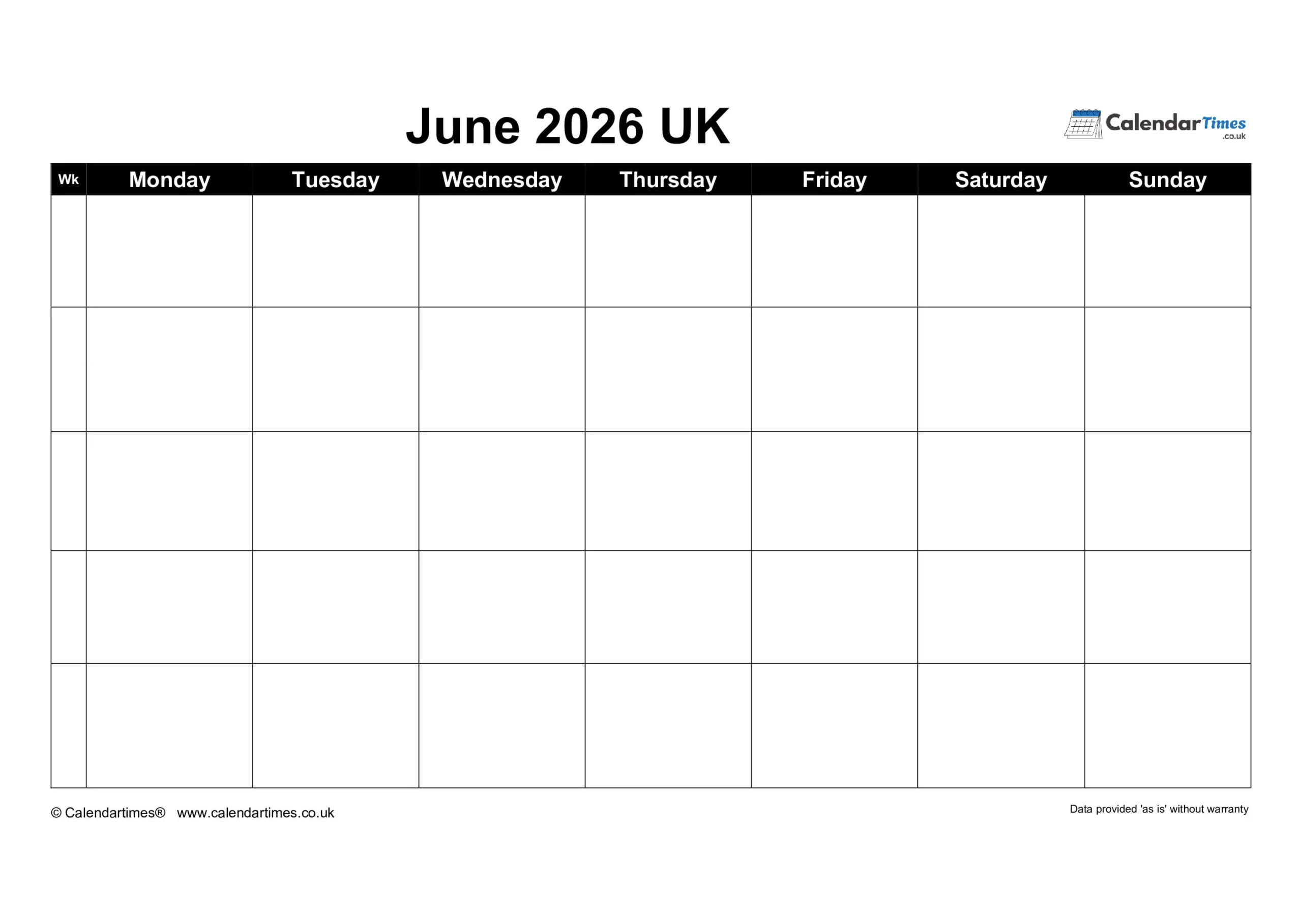 June 2026 Blank Calendar Free PDF