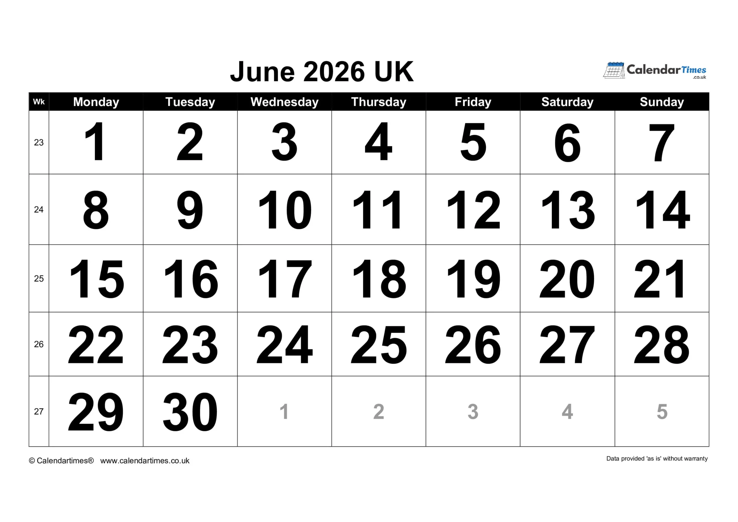 June Calendar 2026 Printable