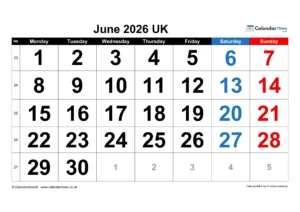 June 2026 Calendar Printable UK